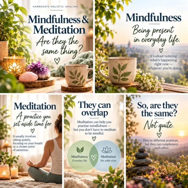 Mindfulness and Meditation - are they the same thing?

They’re often talked about together, but they’re not quite the same.

Meditation is usually a practice you set aside time for.

Mindfulness can be something you bring into everyday life - paying attention to what you’re doing, noticing your thoughts and being more present in the moment.

They can overlap, but you don’t have to meditate to practise mindfulness.

I’ve put together a few simple slides to explain the difference. 

There’s also more to explore in the Mindfulness & Meditation section of the Harrogate Holistic Hub - www.harrogateholistichealing.info.